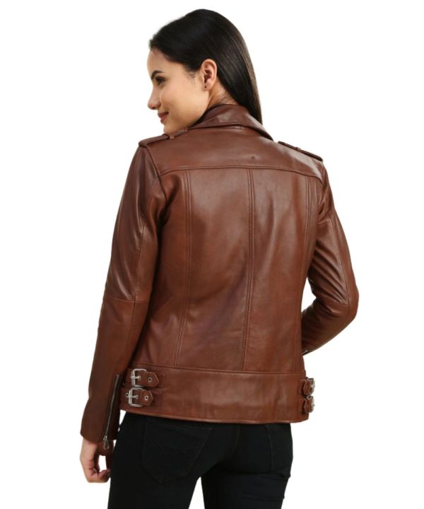 Women's Hazel Brown Distressed Biker Leather Bomber Jacket