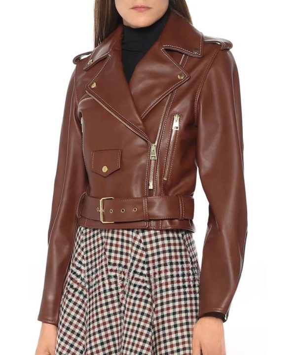 Women's JW ANDERSON Brown Cropped Leather Biker Jacket