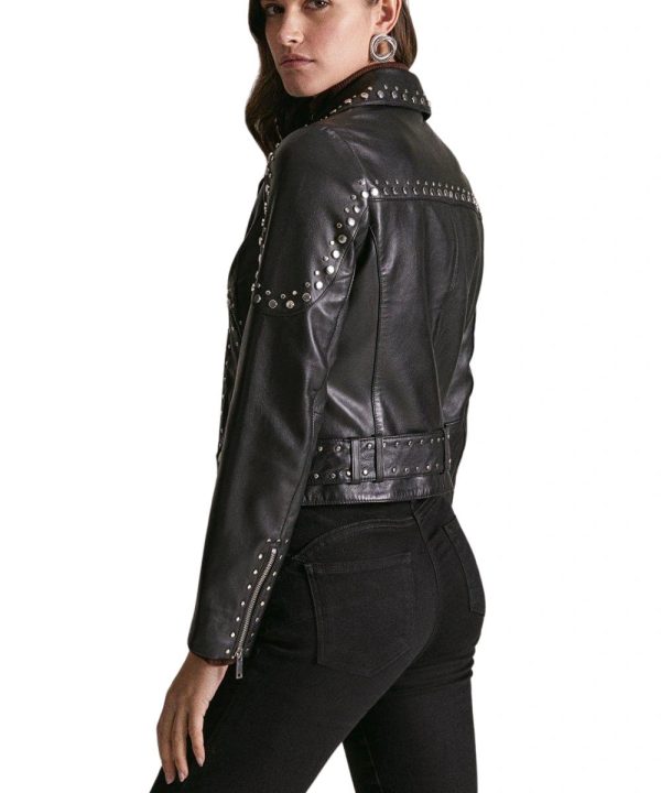 Women's Karen Millen Studded Biker Leather Bomber Jacket Black