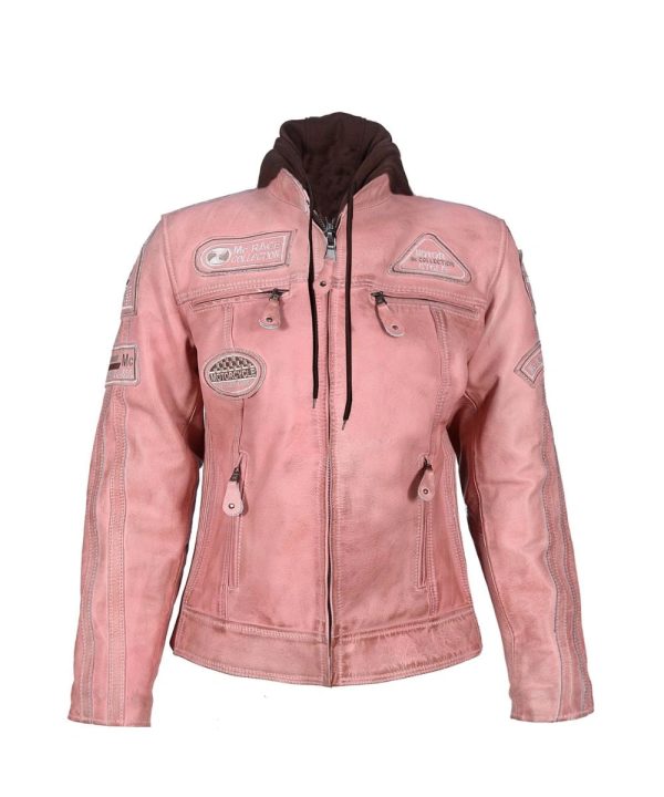 Women's Leather Motorcycle Bomber Jacket Pink
