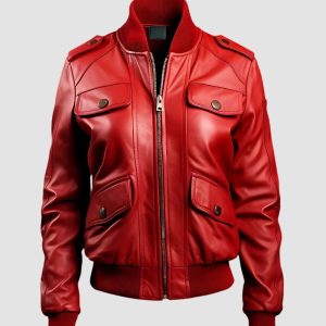 Women's Moto Red Bomber Leather Jacket Strap Pockets