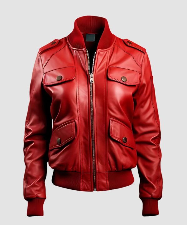 Women's Moto Red Bomber Leather Jacket Strap Pockets