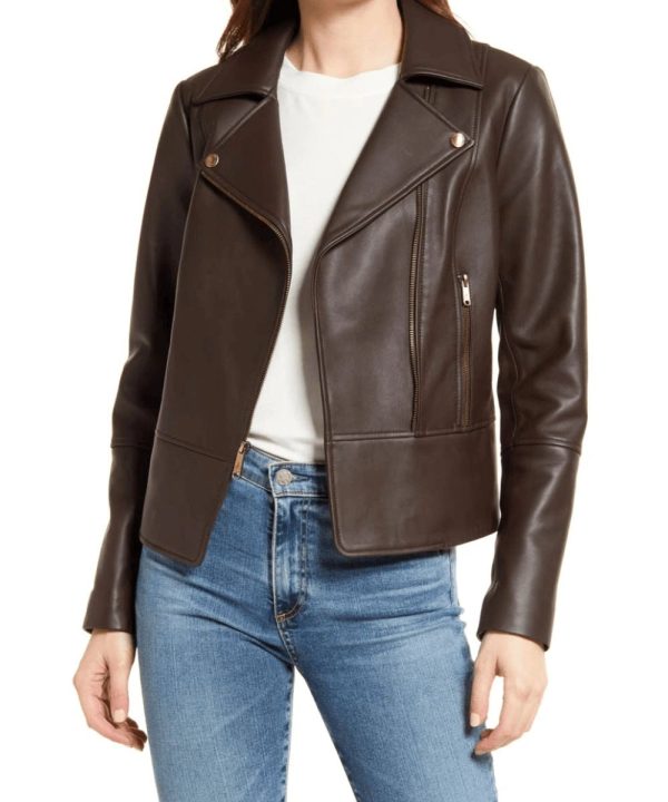 Women's Motorcycle Leather Bomber Jacket Brown