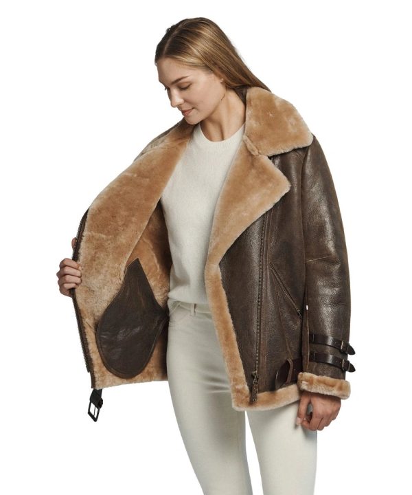 Women's Oversized Shearling Leather Dark Brown Jacket