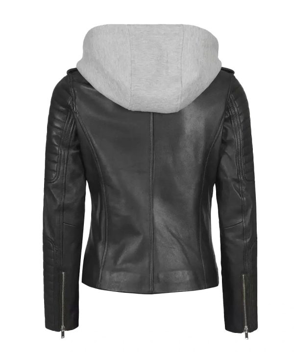Women's Real Leather Removable Hooded Jacket Black