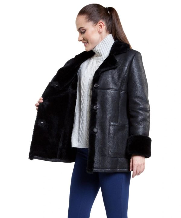 Women's Sheepskin Shearling Black Leather Bomber Jacket