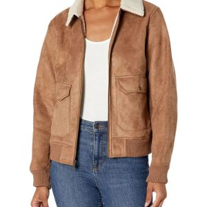 Women's Sherpa Aviator Shearling Suede Leather Bomber Jacket Brown