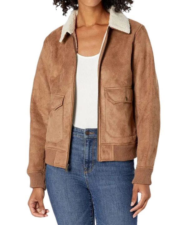 Women's Sherpa Aviator Shearling Suede Leather Bomber Jacket Brown