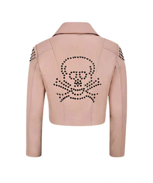 Women's Skull Cropped Studded Biker Leather Jacket Pink