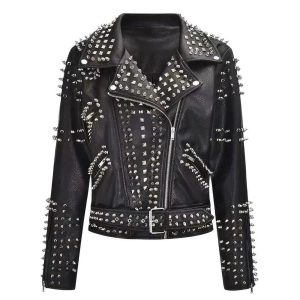 Women's Slim Fit Studded Moto Spikes Genuine Leather Jacket Black
