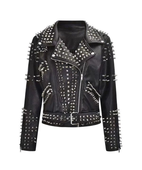 Women's Slim Fit Studded Moto Spikes Genuine Leather Jacket Black
