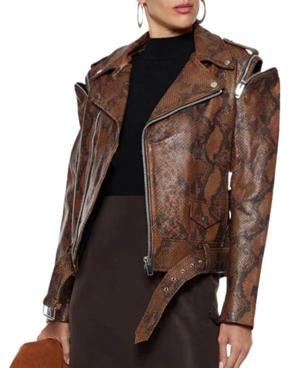 Women's Snake Print Biker Leather Bomber Jacket Brown