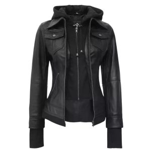 Women's Tralee Black Leather Hooded Jacket