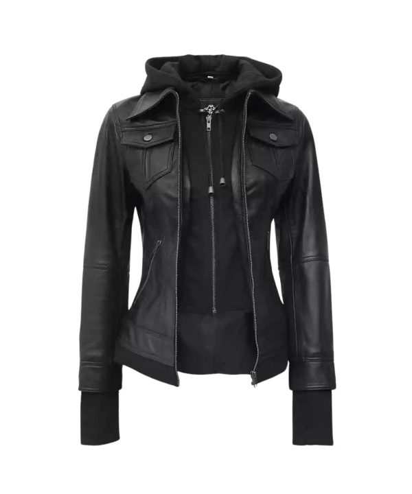 Women's Tralee Black Leather Hooded Jacket