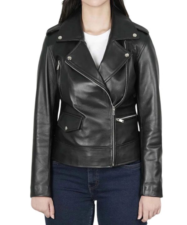 Womens Asymmetrical Biker Leather Jacket Black