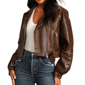 Womens Avec Les Filles Open Road Faux Leather Cropped Motorcycle Bomber Jacket Brown