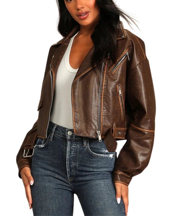 Womens Avec Les Filles Open Road Faux Leather Cropped Motorcycle Bomber Jacket Brown