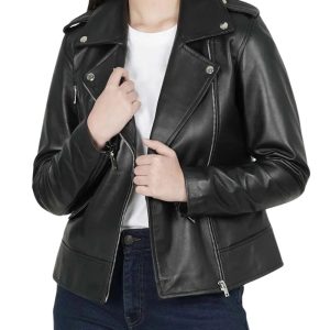 Womens Biker Asymmetrical Leather Jacket Black