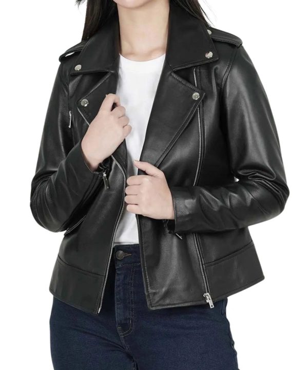 Womens Biker Asymmetrical Leather Jacket Black