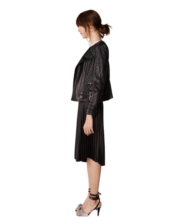 Womens Biker Black Crew Neck Leather Bomber Jacket