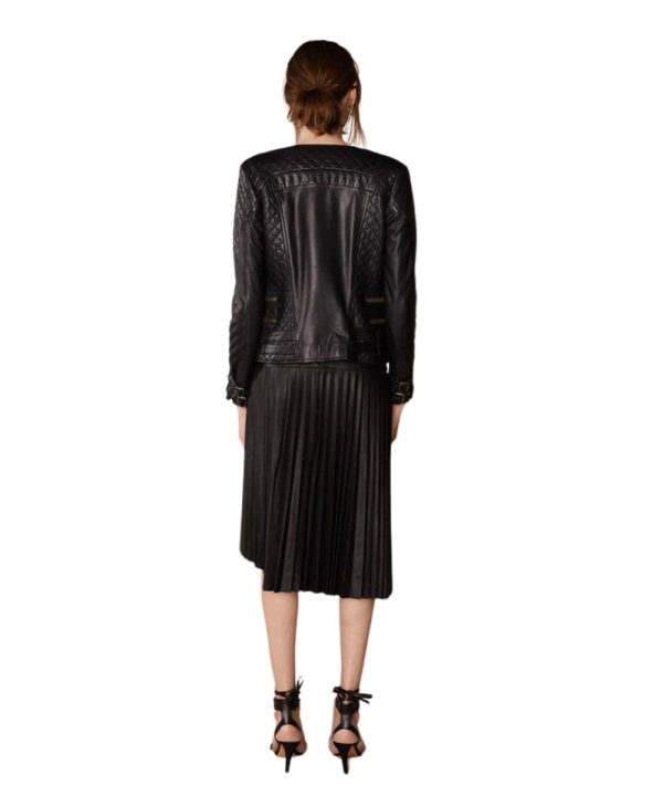 Womens Biker Black Crew Neck Leather Jacket