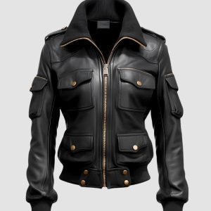 Womens Biker Bomber Leather Jacket Black