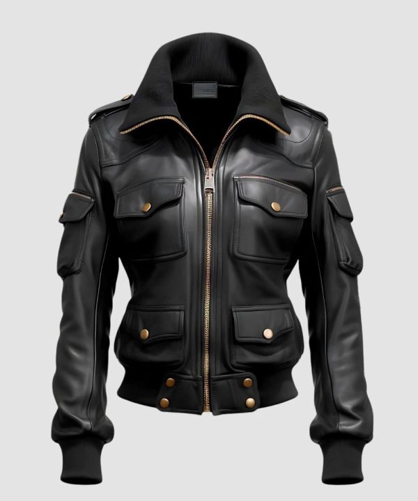 Womens Biker Bomber Leather Jacket Black
