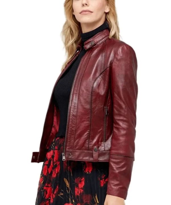 Womens Biker Burgundy Leather Bomber Jacket Maroon