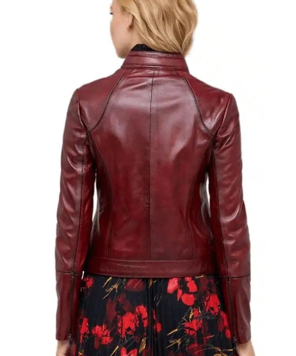 Womens Biker Burgundy Maroon Leather Bomber Jacket