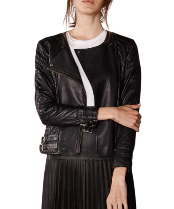 Womens Biker Crew Neck Leather Bomber Jacket Black