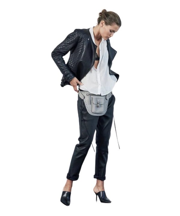 Womens Biker Crew Neck Leather Jacket Black