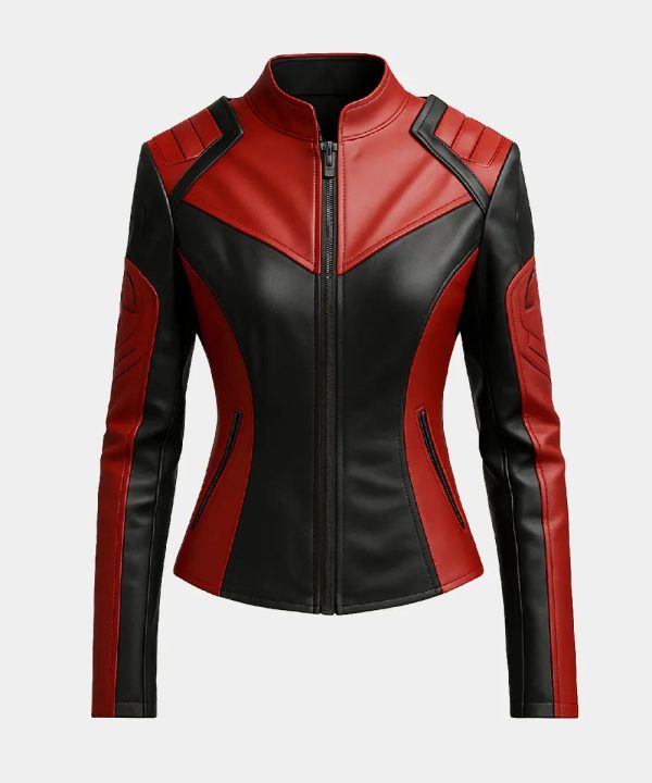 Womens Biker Faux Leather Jacket Black And Red