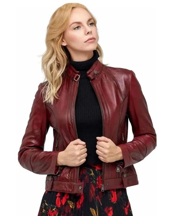 Womens Biker Maroon Burgundy Leather Bomber Jacket