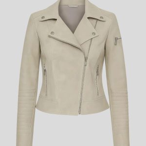 Womens Biker Slim Fit Cream Leather Jacket