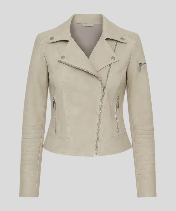 Womens Biker Slim Fit Cream Leather Jacket