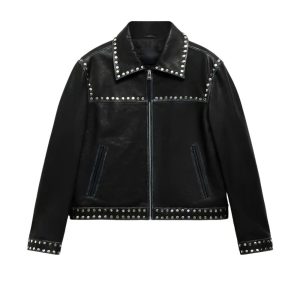 Womens Biker Studded Leather Jacket Black