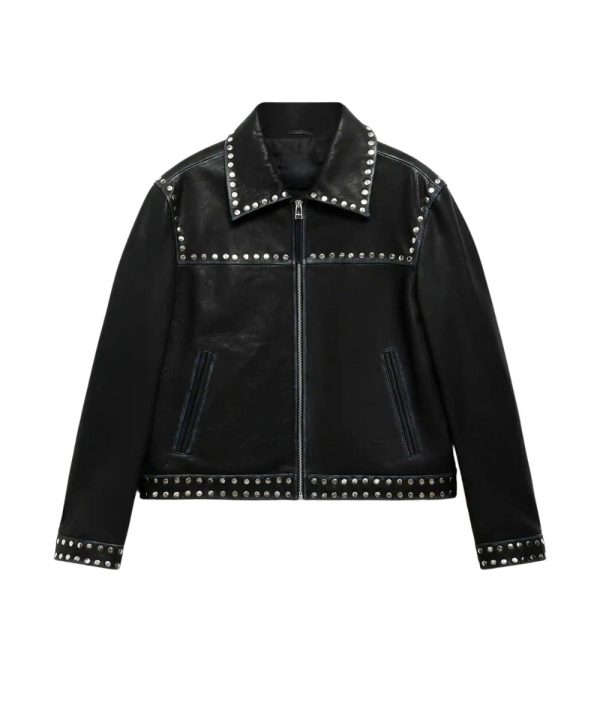 Womens Biker Studded Leather Jacket Black