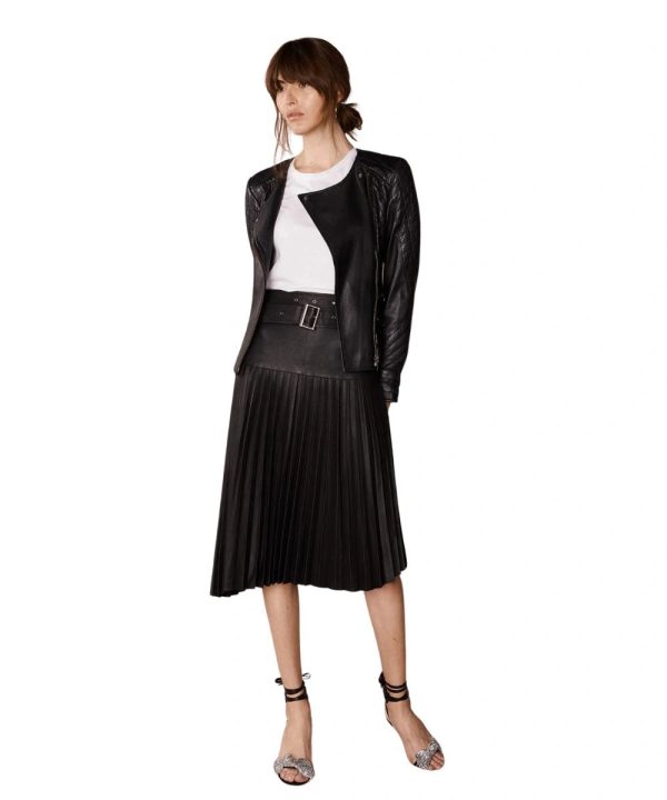 Womens Black Biker Crew Neck Leather Bomber Jacket