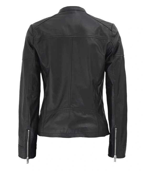 Womens Black Leather Bomber Cafe Racer Textured Jacket