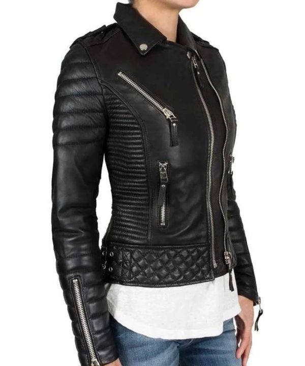 Womens Black Motorcycle Lambskin Leather Bomber Jacket