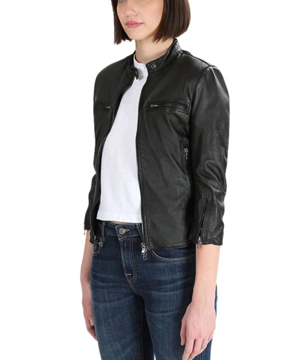 Womens Black R13 Cafe Racer Leather Bomber Jacket