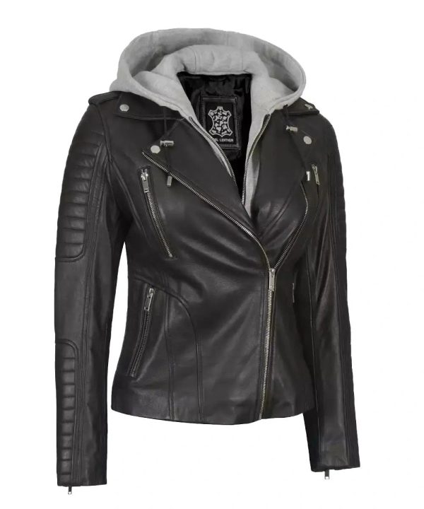 Womens Black Real Leather Jacket With Removable Hood