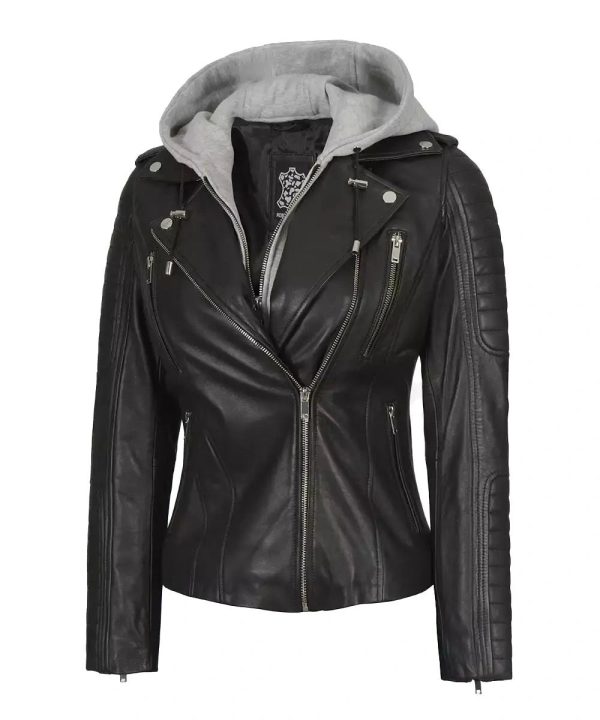 Womens Black Real Leather Removable Hooded Jacket