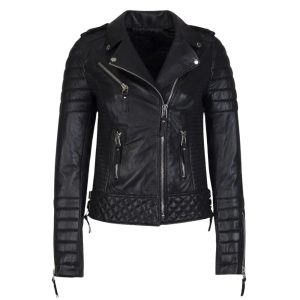 Womens Black Stylish Moto Biker Leather Bomber Jacket