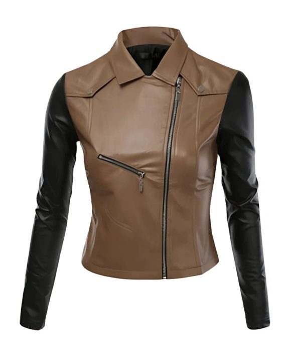 Womens Brown Black Motorcycle Biker Leather Jacket