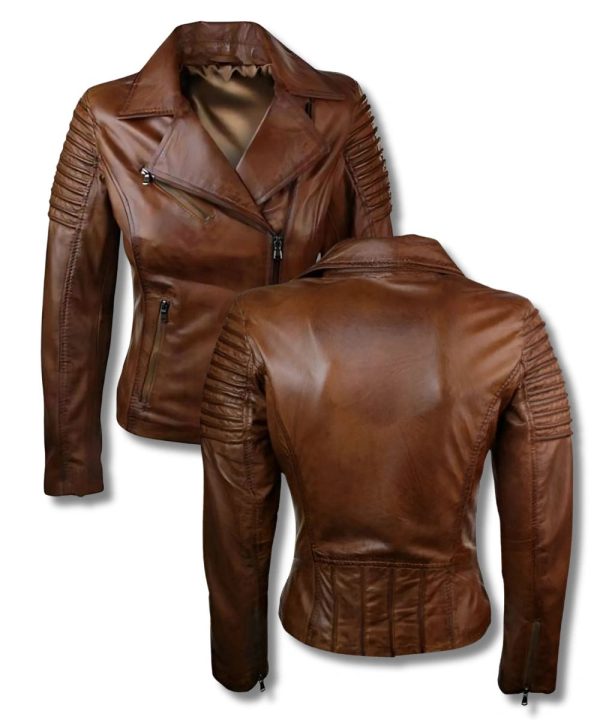 Womens Brown Cafe Racer Biker Leather Jacket