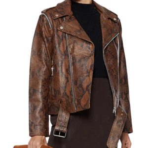 Womens Brown Snake Print Biker Leather Bomber Jacket