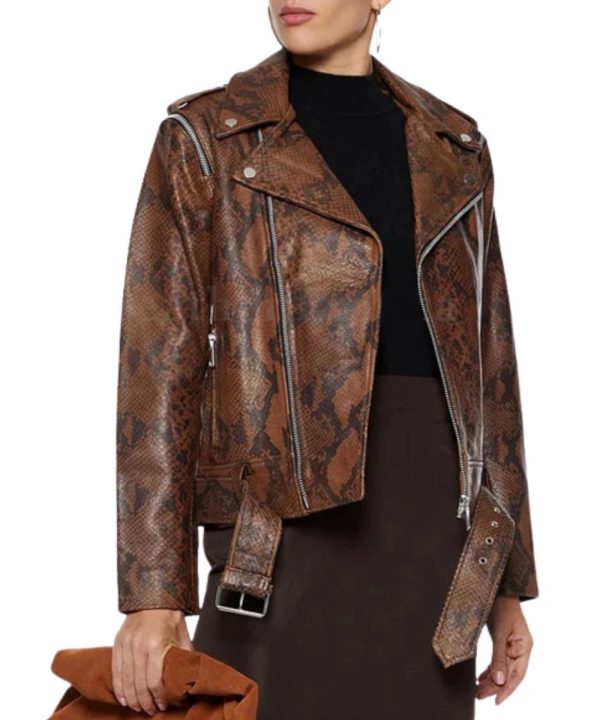 Womens Brown Snake Print Biker Leather Bomber Jacket