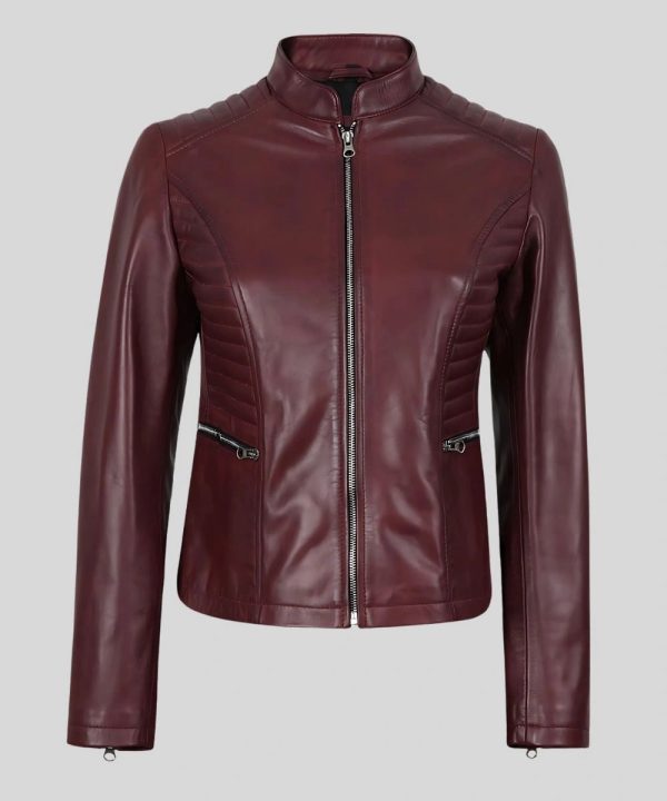 Womens Burgundy Cafe Racer Leather Bomber Jacket