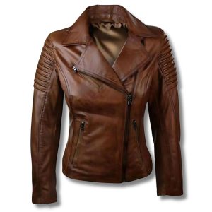 Womens Cafe Racer Biker Leather Jacket Brown